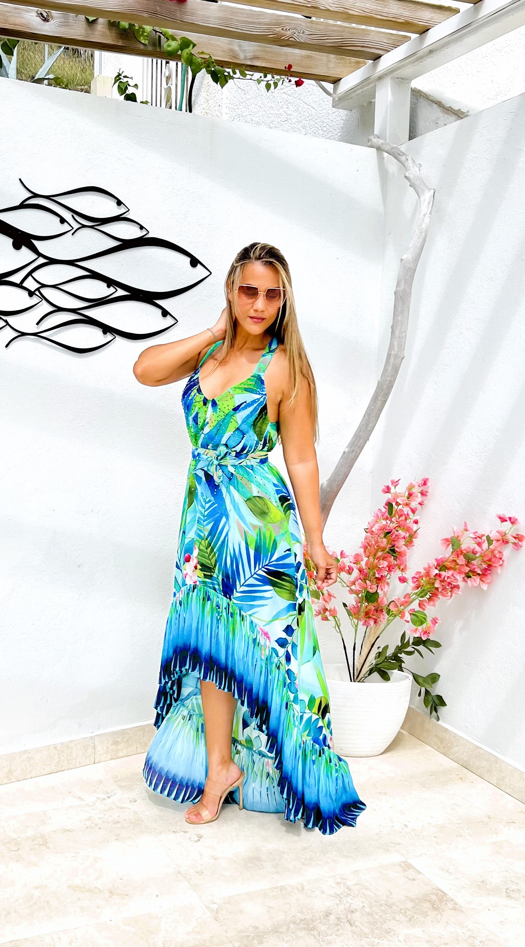 Printed Hi Low Ruffle Dress with Belted Waist Wholesale