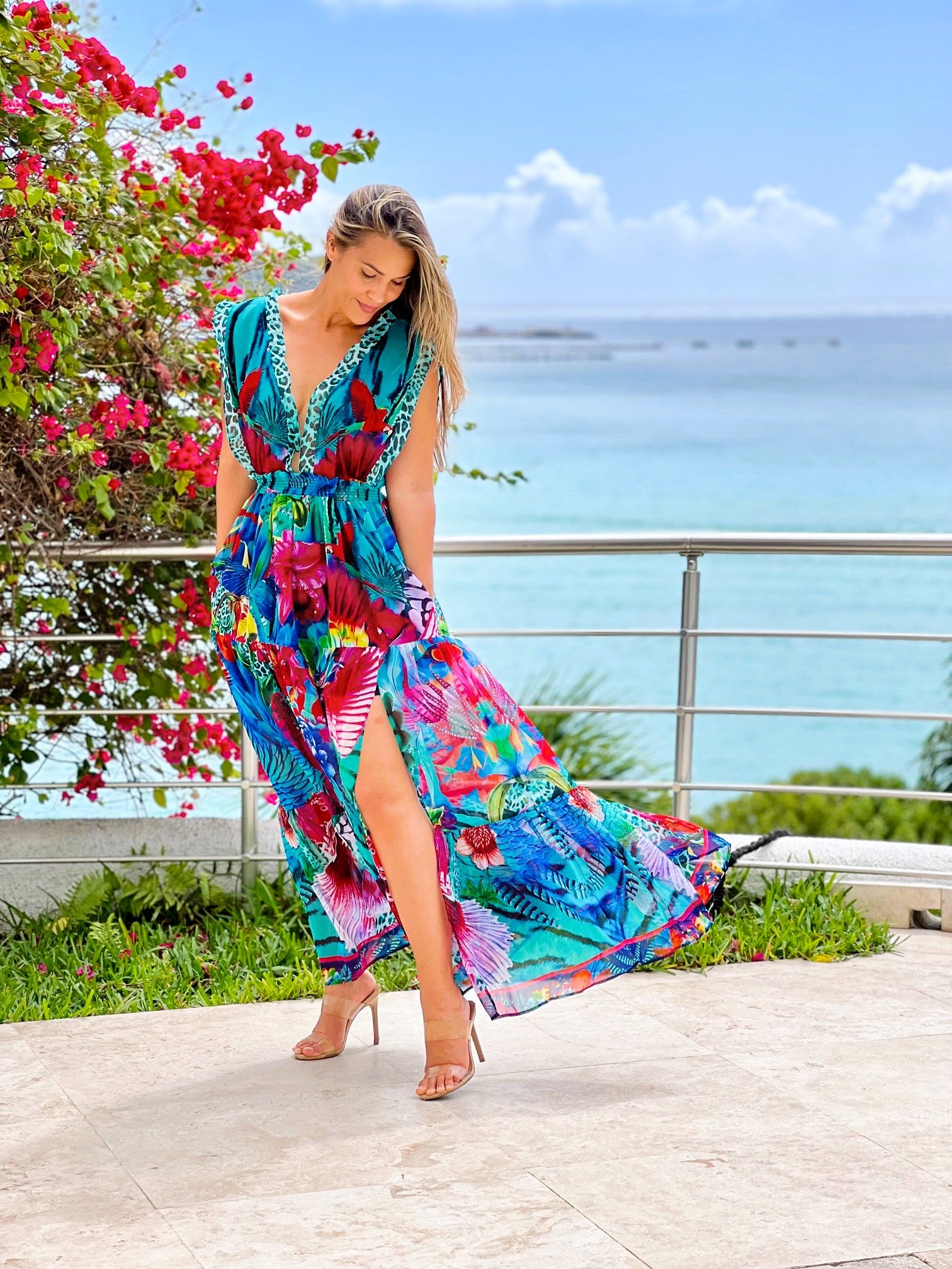 Printed Double Frill Strap Halter Maxi with Pockets and Slit Wholesale