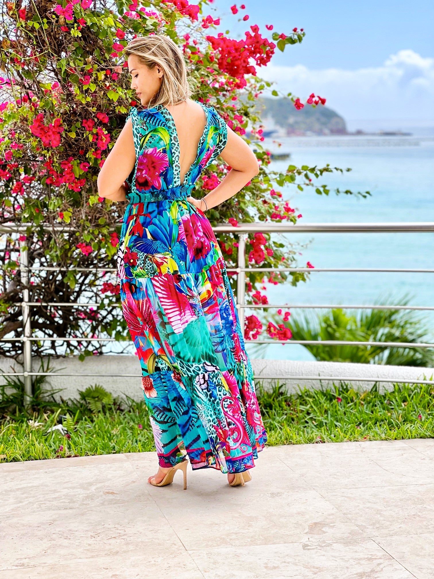 Printed Double Frill Strap Halter Maxi with Pockets and Slit Wholesale