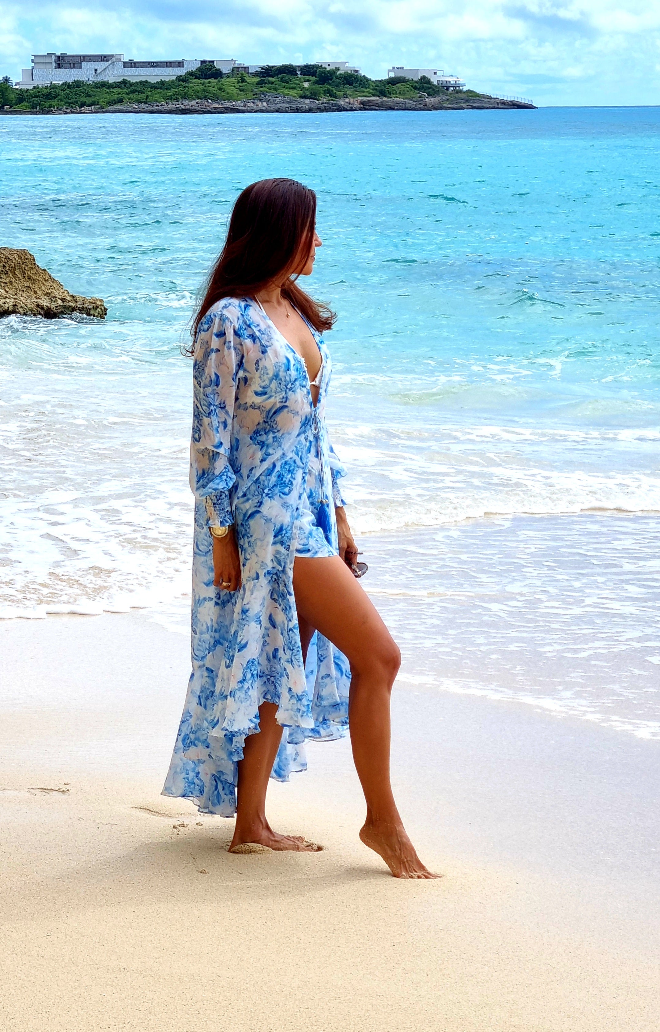 Blue and White Kimono Wrap with Ruffle Sleeves and Shorts Set Wholesale