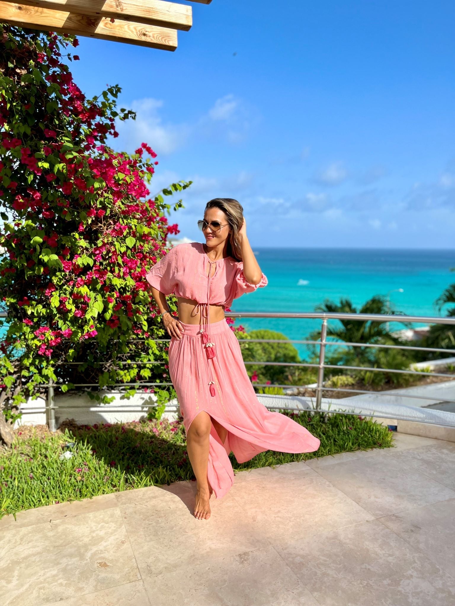 Crop Top with Tie and Long Skirt with Slit Wholesale