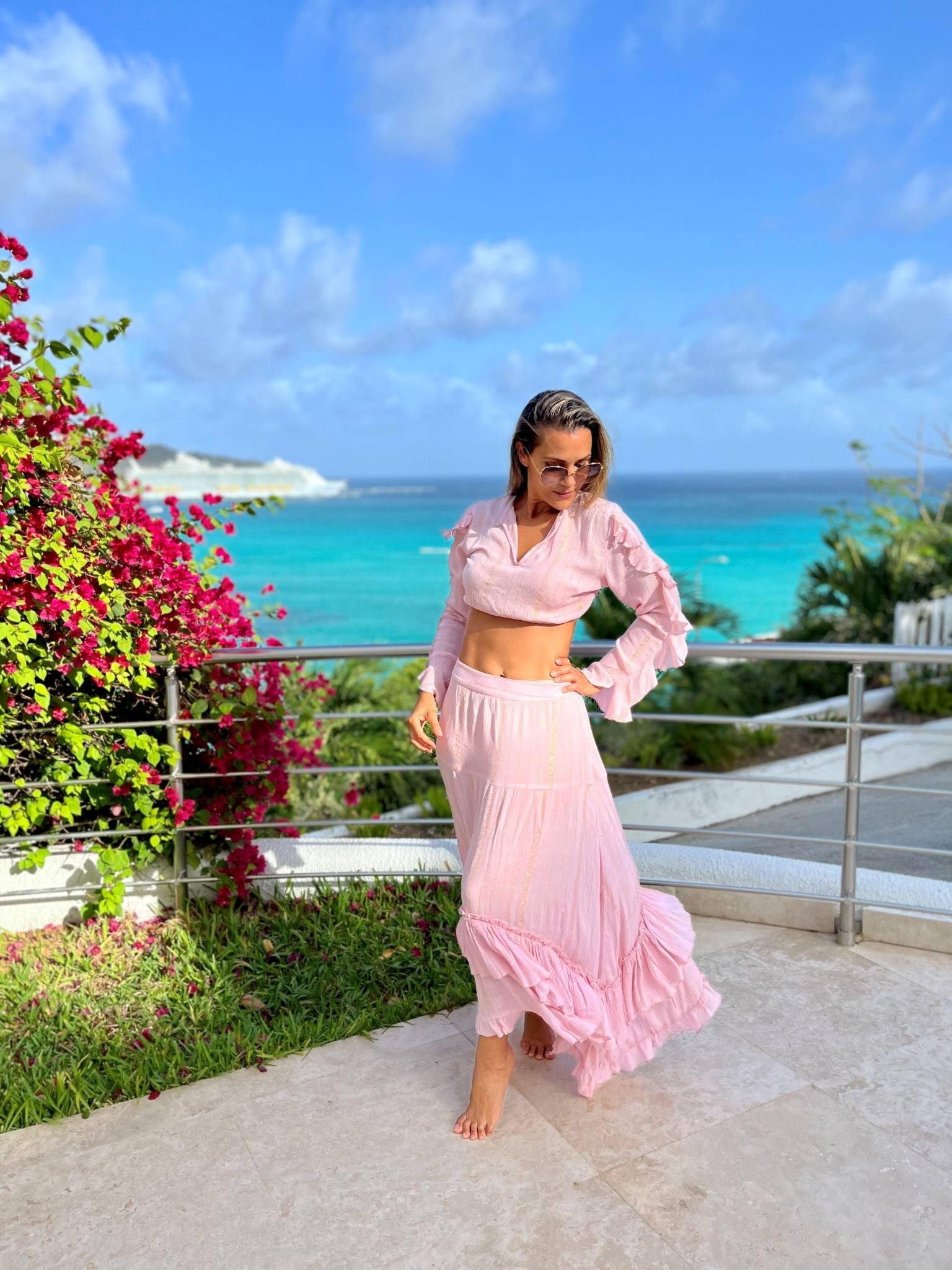Crop Top with Ruffle and Long Skirt with Layered Ruffle Wholesale